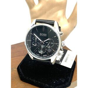 Hugo Boss Men's Watch 1513816 Quartz Chronograph Black Dial Leather Band 44mm